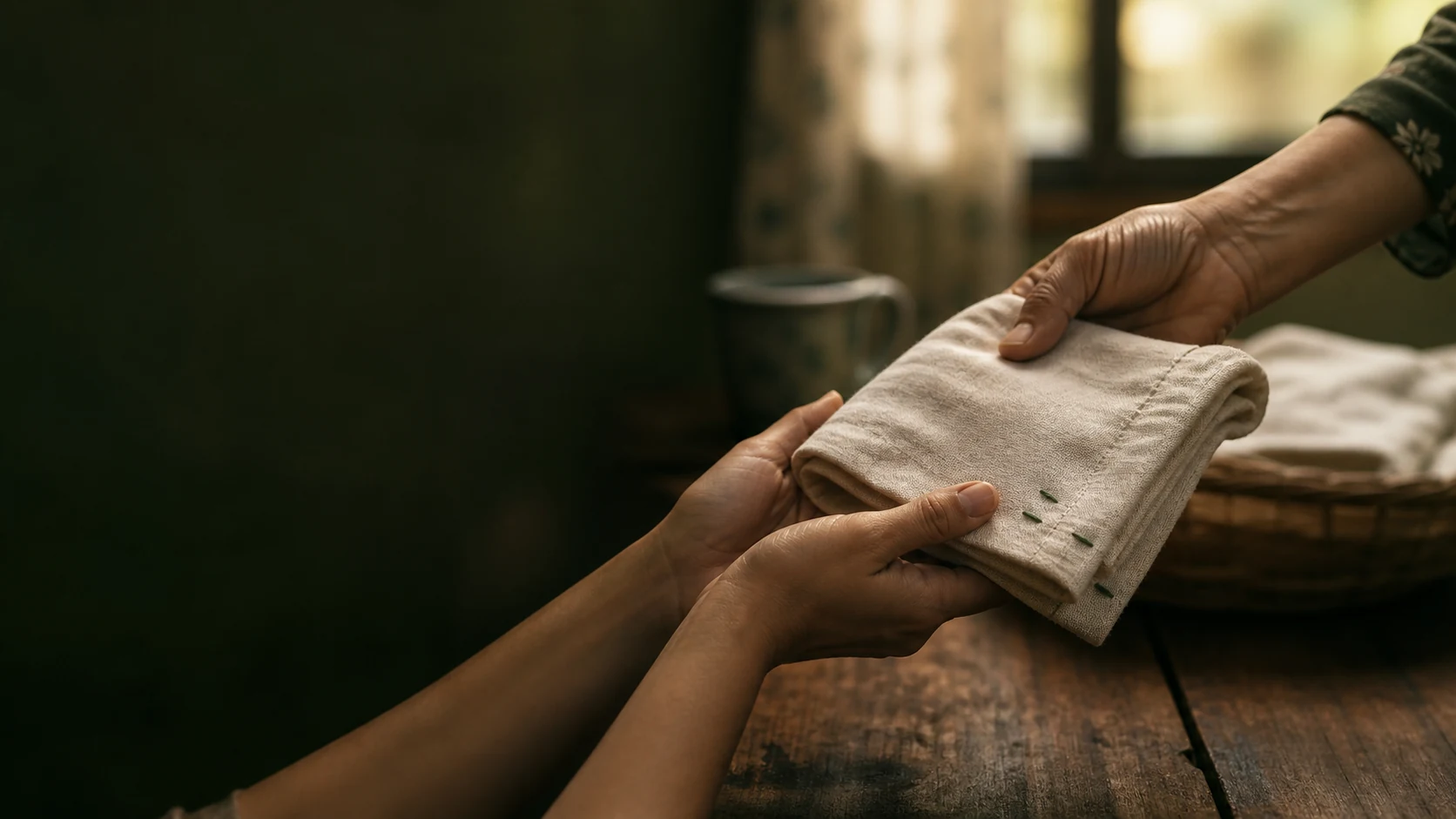 An older woman gently passing a hand-stitched linen cloth to a younger woman at home